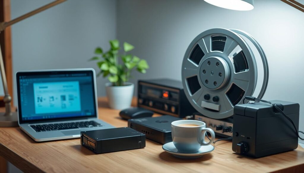 A clean, well-lit workspace featuring an assortment of web archiving tools, including a laptop, external hard drive, and vintage reel-to-reel tape recorder. The tools are neatly arranged on a wooden desk, with a potted plant and a cup of coffee providing a touch of warmth and productivity. Soft, directional lighting from a floor lamp illuminates the scene, creating a focused, professional atmosphere. The background is blurred, emphasizing the tools at the center of the frame. The overall composition conveys a sense of preparation and attention to detail, setting the stage for the important task of website preservation.