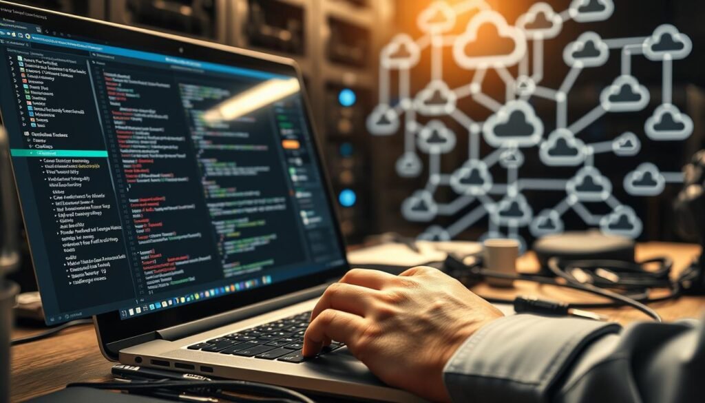 A detailed step-by-step website restoration process. In the foreground, a laptop screen displaying a web development interface, with code snippets, file directories, and a progress bar. In the middle ground, a human hand carefully manipulating the laptop, surrounded by various tools and cables. In the background, a blurred network of servers, routers, and cloud icons, conveying the technical complexity of the restoration. Soft, warm lighting illuminates the scene, creating a focused and professional atmosphere. The overall composition suggests a methodical, step-by-step approach to recovering lost website data.