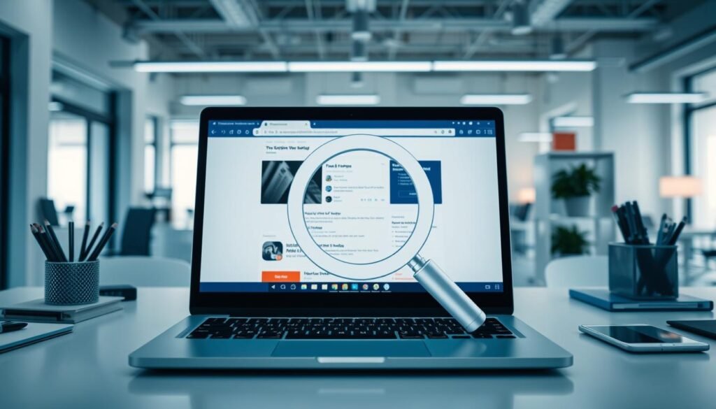 A digital device displaying a webpage, with a magnifying glass icon overlaying it, representing the tools used to recover website cache data. The device is positioned on a sleek, minimalist desk, surrounded by various office supplies in a well-lit, modern office setting. The image has a clean, tech-savvy aesthetic, conveying the professional and specialized nature of website cache recovery tools. The lighting is soft and diffuse, creating a sense of clarity and focus on the main subject. The overall composition is balanced and visually appealing, showcasing the capabilities of these specialized tools in a practical and informative manner.