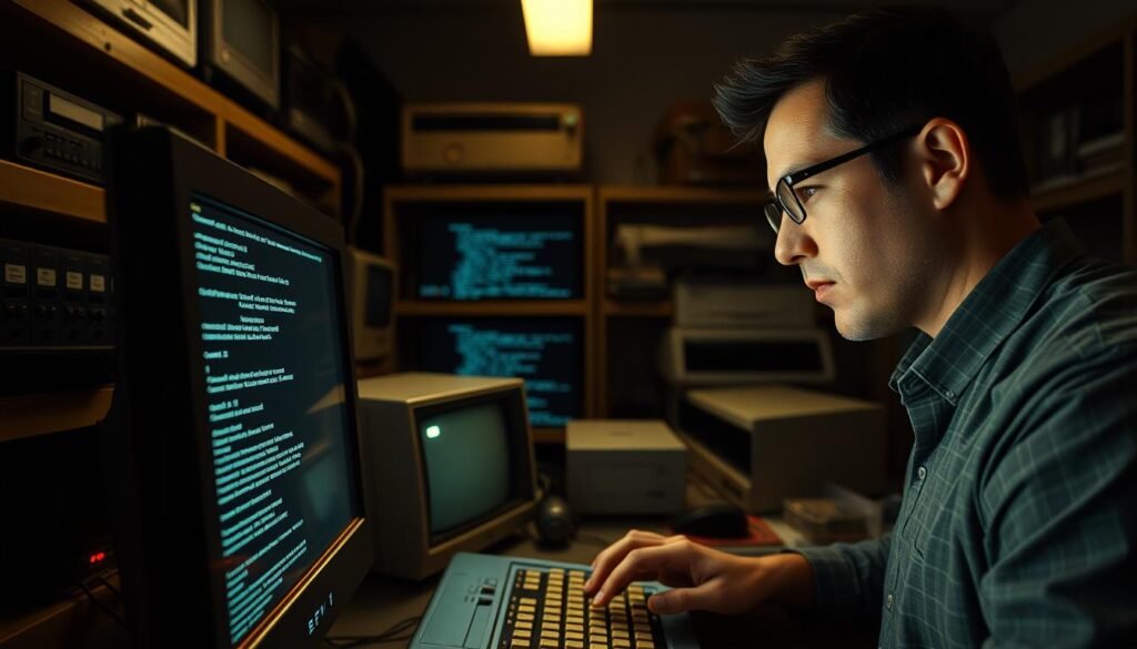A dimly lit computer lab, the glow of a large monitor illuminating the face of a focused technician. Intricate lines of code scroll across the screen, as they meticulously navigate the complex interface of the Wayback Machine. The room is adorned with vintage computer equipment, a nod to the digital artifacts they seek to recover. Shelves line the walls, brimming with hard drives and servers, each containing a piece of internet history waiting to be rediscovered. The technician's brow furrows in concentration, their fingers flying across the keyboard, unlocking the secrets of the past with each keystroke. The air is thick with the anticipation of a successful recovery, a glimpse into a bygone era of the web.