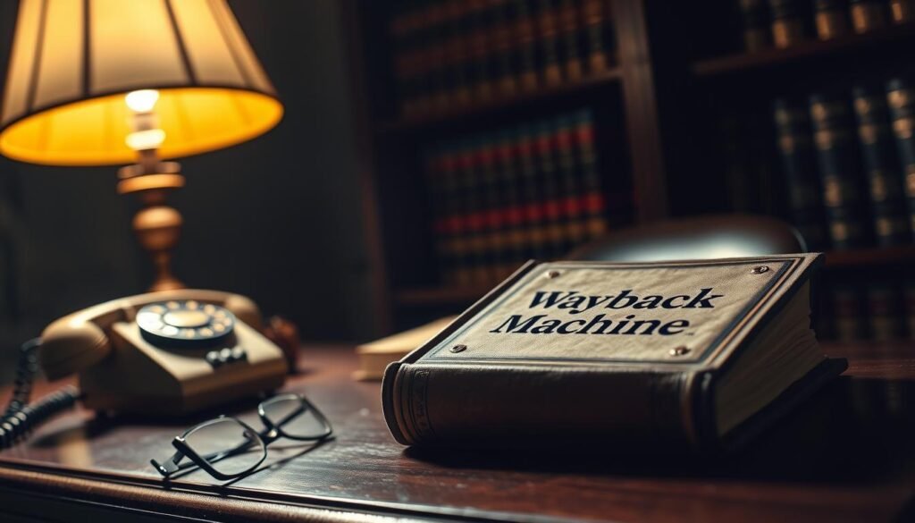 A dimly lit legal office, illuminated by the warm glow of a desk lamp. In the foreground, a weathered hardcover book with "Wayback Machine" emblazoned on the cover rests on a mahogany desk, accompanied by a vintage rotary phone and a pair of reading glasses. In the middle ground, a bookshelf lined with volumes of legal tomes casts shadows across the scene. The background is shrouded in a pensive, contemplative atmosphere, as if the viewer is privy to a moment of deep consideration regarding the legal implications of Wayback Machine recovery. The lighting is soft and moody, creating a sense of gravitas and intellectual rigor. The overall composition suggests the careful deliberation required when navigating the legal landscape of website recovery from the Wayback Machine.