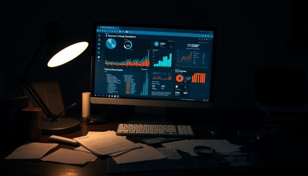 A dimly lit office workspace, the desk illuminated by a warm desk lamp. On the screen, a data analysis dashboard displays charts and graphs, highlighting the critical areas of data loss. Scattered papers and a magnifying glass suggest a detailed assessment is underway. The atmosphere is one of thoughtful contemplation, with the subject matter's weight palpable. A muted color palette evokes a sense of seriousness and the gravity of the data loss situation. The camera angles capture the scene from a perspective that invites the viewer to immerse themselves in the process of data recovery.