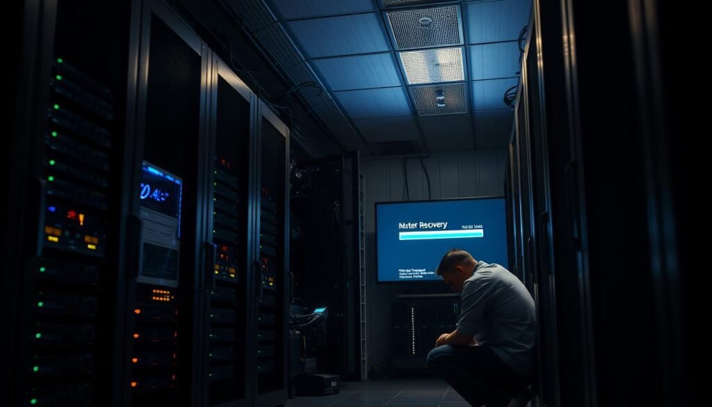 A dimly lit server room, with rows of sleek, humming computers and blinking lights. In the foreground, a technician crouches by an open panel, carefully examining the intricate web of cables and circuit boards. The air is thick with the scent of ozone and the faint hum of machinery. In the background, a large monitor displays a progress bar, signaling the ongoing recovery process. The lighting is warm and subdued, creating a contemplative atmosphere as the technician meticulously works to restore the website to its former functionality.