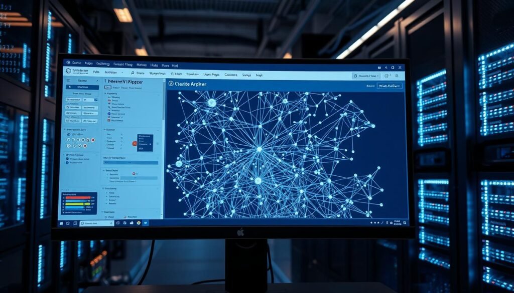 A sprawling, sleek interface of the Internet Archive website ripper software, displayed on a high-resolution desktop monitor. The foreground features an intuitive user dashboard with granular controls for crawling, indexing, and archiving web pages. The middle ground showcases a visualization of the complex network of interconnected websites being archived, rendered in a clean, futuristic aesthetic. In the background, towering server racks hum with the processing power required for this large-scale web preservation task, bathed in the cool glow of LED lighting. The overall atmosphere conveys a sense of precision, efficiency, and the gravity of safeguarding humanity's digital legacy.