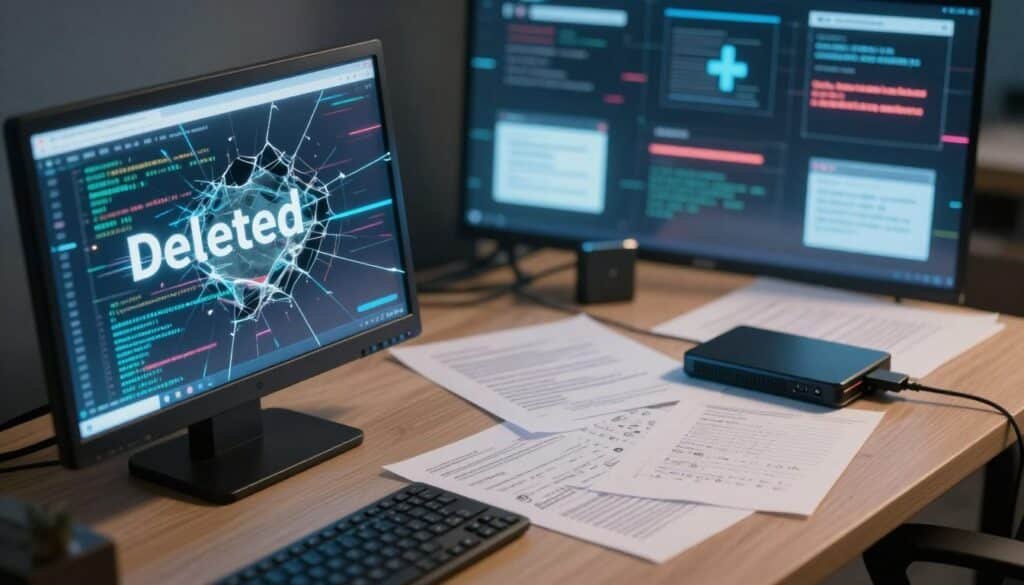A conceptual illustration depicting the causes of deleted website content. In the foreground, a broken computer screen with glitchy visuals and fractured code, symbolizing data loss. In the middle ground, a desk cluttered with notes, symbols of websites, and a recovering data device, like an external hard drive or USB, representing recovery efforts. The background features a blurred, chaotic digital landscape, embodying the internet with fading website icons and error messages, hinting at the fragility of digital content. Soft, focused lighting highlights the objects, creating a somber yet hopeful mood, emphasizing the importance of data recovery. The angle is slightly tilted downward, conveying a sense of urgency and importance.