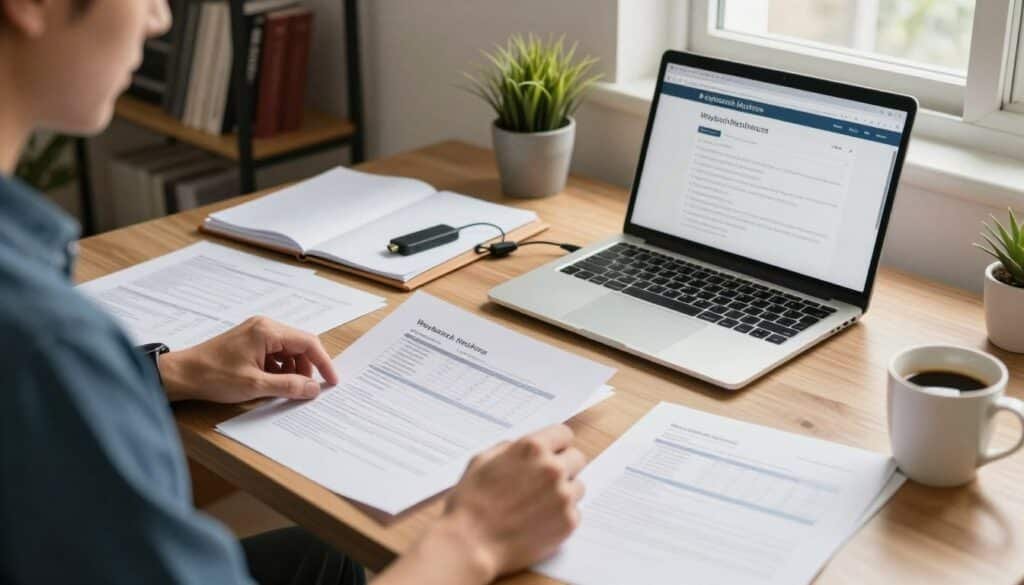 A detailed manual file restoration process scene, focusing on a well-organized desk with a laptop displaying the Wayback Machine website, various files scattered around, and printed database scripts. In the foreground, a person in smart casual attire is intently reviewing printed documents, while confidently using the laptop. The middle ground features an open folder with a USB drive connected, alongside a cup of coffee, suggesting a focused work session. In the background, a wall shelf displays technology books and a potted plant for a touch of greenery. Warm, natural light streams in from a nearby window, creating a calm, productive atmosphere. The image should emphasize clarity, organization, and a sense of professionalism in a home office setting. A detailed manual file restoration process scene, focusing on a well-organized desk with a laptop displaying the Wayback Machine website, various files scattered around, and printed database scripts. In the foreground, a person in smart casual attire is intently reviewing printed documents, while confidently using the laptop. The middle ground features an open folder with a USB drive connected, alongside a cup of coffee, suggesting a focused work session. In the background, a wall shelf displays technology books and a potted plant for a touch of greenery. Warm, natural light streams in from a nearby window, creating a calm, productive atmosphere. The image should emphasize clarity, organization, and a sense of professionalism in a home office setting.