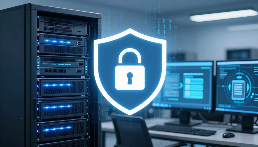 A digital landscape illustrating website security measures after recovery. In the foreground, a secure server rack illuminated with blue LED lights, symbolizing protection and technology. In the middle, a shield icon incorporating a lock, representing security, overlays a subtle binary code background. The background features a serene data center environment with computer screens displaying firewall and encryption graphics, creating a sense of professionalism and safety. Soft, cool lighting enhances the tech-focused atmosphere, while a slight depth of field blurs the background, emphasizing the foreground elements. The overall mood is one of security, vigilance, and innovation, capturing the essence of robust website protection measures.