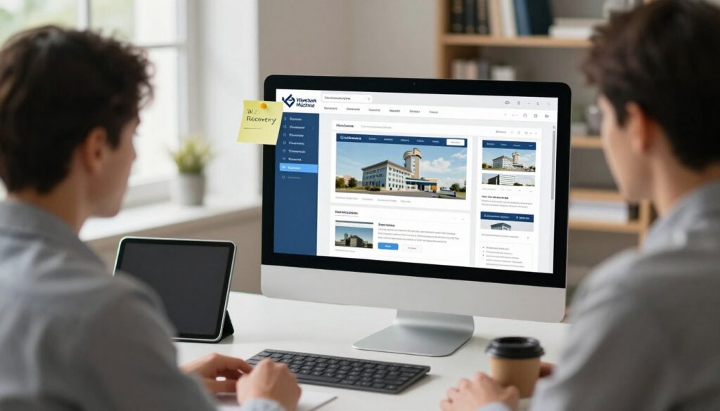 A digital workspace illustrating the concept of website recovery, featuring a computer screen displaying the Internet Archive's Wayback Machine interface, surrounded by scattered notes and design sketches. In the foreground, a professional individual in business attire is focused on their task, intently analyzing old website snapshots. The midground includes a sleek desk with tech gadgets like a tablet and a coffee cup, symbolizing a modern work environment. The background showcases soft, diffused lighting streaming through a window, creating an inviting atmosphere, and bookshelves filled with web development resources. Aim for a bright, motivational mood that conveys hope and creativity in the process of rebuilding a lost website. A digital workspace illustrating the concept of website recovery, featuring a computer screen displaying the Internet Archive's Wayback Machine interface, surrounded by scattered notes and design sketches. In the foreground, a professional individual in business attire is focused on their task, intently analyzing old website snapshots. The midground includes a sleek desk with tech gadgets like a tablet and a coffee cup, symbolizing a modern work environment. The background showcases soft, diffused lighting streaming through a window, creating an inviting atmosphere, and bookshelves filled with web development resources. Aim for a bright, motivational mood that conveys hope and creativity in the process of rebuilding a lost website.