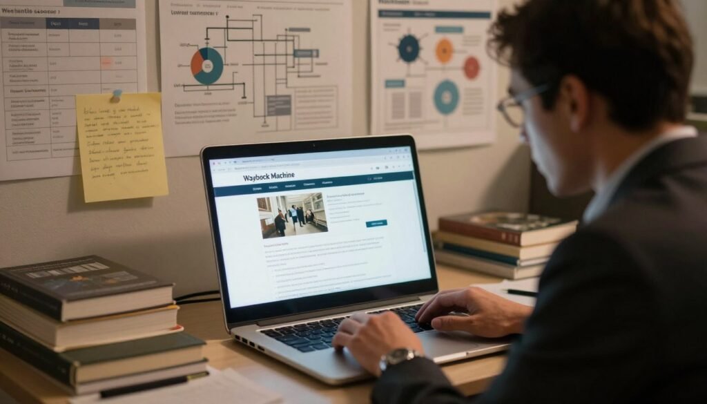 A digital workspace scene illustrating the concept of content recovery using the Wayback Machine. In the foreground, a professional individual, dressed in formal business attire, intensely examines a computer screen showcasing a nostalgic web page interface from the past. The screen emits a soft glow, reflecting a sense of determination. In the middle, scattered notes and books on website management and recovery surround a laptop, hinting at the research process. The background features a wall adorned with timelines and web architecture diagrams, creating a tech-savvy atmosphere. The lighting is warm and focused, emphasizing the subject’s concentration, while a slight blur on the background elements gives depth to the overall composition, enhancing the mood of discovery and nostalgia as the individual harnesses technology to reclaim lost digital content.