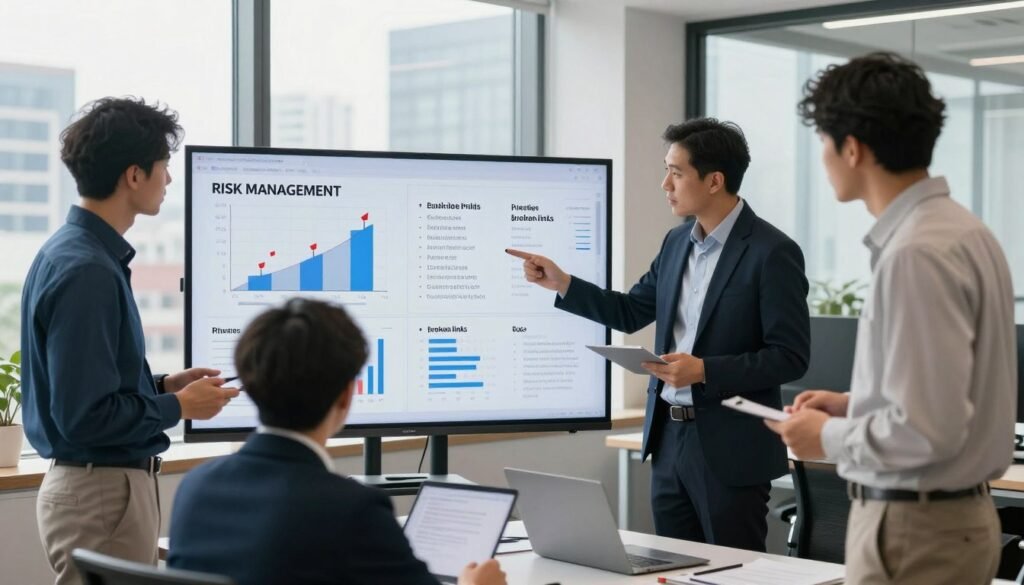 A dynamic office setting illustrating risk management in SEO, focusing on avoiding pitfalls. In the foreground, a diverse team of professionals—three individuals in smart business attire—discussing analytics on a large screen filled with graphs and red flags, symbolizing risks. In the middle, a large whiteboard covered with keywords and potential pitfalls like “penalties” and “broken links.” The background features a modern office with a cityscape view through large windows, bathed in soft, natural daylight to evoke a sense of clarity and focus. The atmosphere is collaborative yet serious, highlighting the importance of strategic decisions in rebuilding expired domains for SEO success. The composition uses a slightly elevated angle to capture the teamwork and resources effectively.