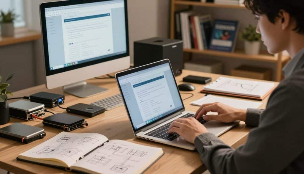 A focused workspace depicting manual website recovery procedures. In the foreground, a professional person in business attire, intently working on a laptop, surrounded by open notebooks covered with technical drawings and website recovery steps. The middle layer includes a clear view of a desktop filled with hardware like external hard drives, cables, and a notepad with diagrams. The background shows a soft-lit home office with a bookshelf of IT manuals and recovery guides, emphasizing a calm, organized atmosphere. The lighting is warm and inviting, casting gentle shadows to create depth, with a slight focus blur effect on the background to emphasize the recovery process at hand.
