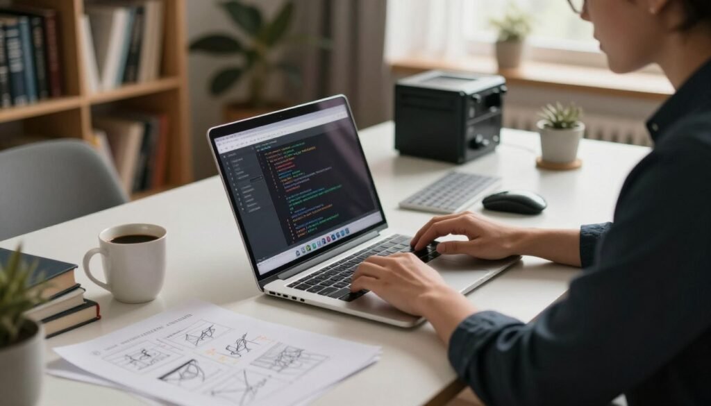 A focused workspace scene depicting a professional engaged in manual website rebuilding on a laptop. In the foreground, the person, dressed in smart casual attire, is intently reviewing website code on the screen. Nearby, scattered papers with sketches and notes are visible, indicating a step-by-step process. In the middle ground, a modern desk with a cup of coffee and technical devices like a keyboard and mouse, adding to the technology theme. The background features a cozy home office environment with bookshelves filled with coding and design books, emphasizing a productive atmosphere. Soft, warm natural lighting filters through a window, creating a calm and focused mood, while a slight focal blur enhances the depth.