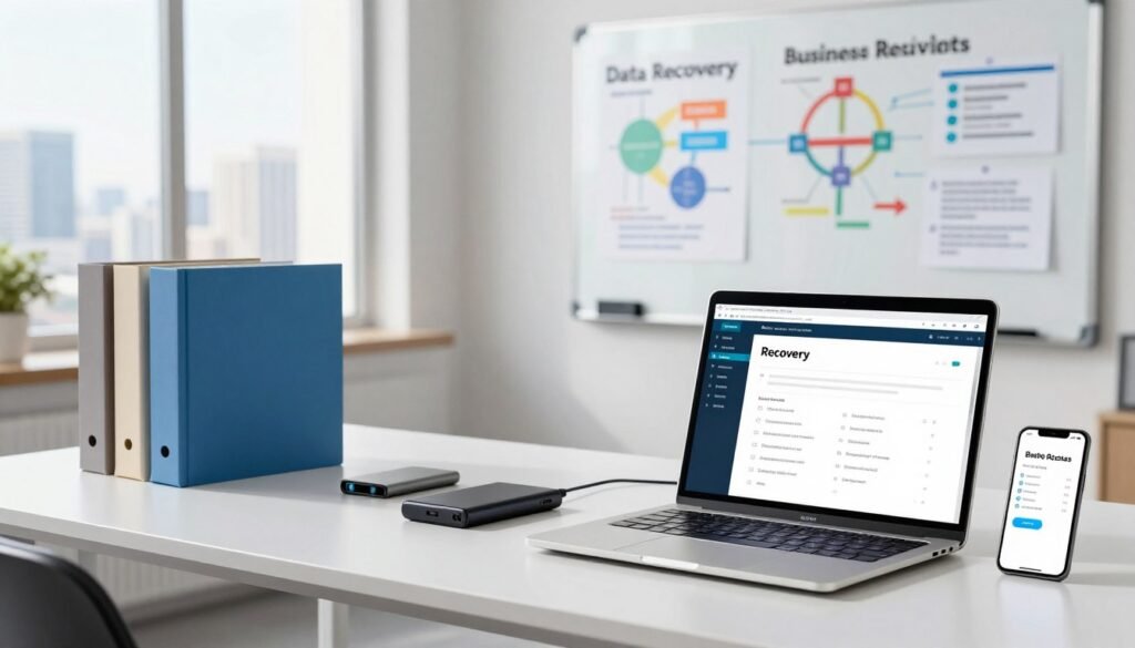 A modern office environment showcasing a set of business continuity tools. In the foreground, a sleek desk with a laptop displaying a web recovery software interface, alongside essential items like an external hard drive and a digital archive folder. The middle area features a whiteboard filled with colorful charts and strategies for data recovery, while a smartphone displays notifications about backup statuses. The background reveals a bright window with a city skyline, symbolizing a forward-thinking, resilient business atmosphere. Soft natural lighting illuminates the scene, creating an optimistic, professional mood. Capture this image from a slightly elevated angle, emphasizing the tools and workspace without any people present, ensuring a clear focus on the technology and tools that facilitate business continuity and recovery. A modern office environment showcasing a set of business continuity tools. In the foreground, a sleek desk with a laptop displaying a web recovery software interface, alongside essential items like an external hard drive and a digital archive folder. The middle area features a whiteboard filled with colorful charts and strategies for data recovery, while a smartphone displays notifications about backup statuses. The background reveals a bright window with a city skyline, symbolizing a forward-thinking, resilient business atmosphere. Soft natural lighting illuminates the scene, creating an optimistic, professional mood. Capture this image from a slightly elevated angle, emphasizing the tools and workspace without any people present, ensuring a clear focus on the technology and tools that facilitate business continuity and recovery.