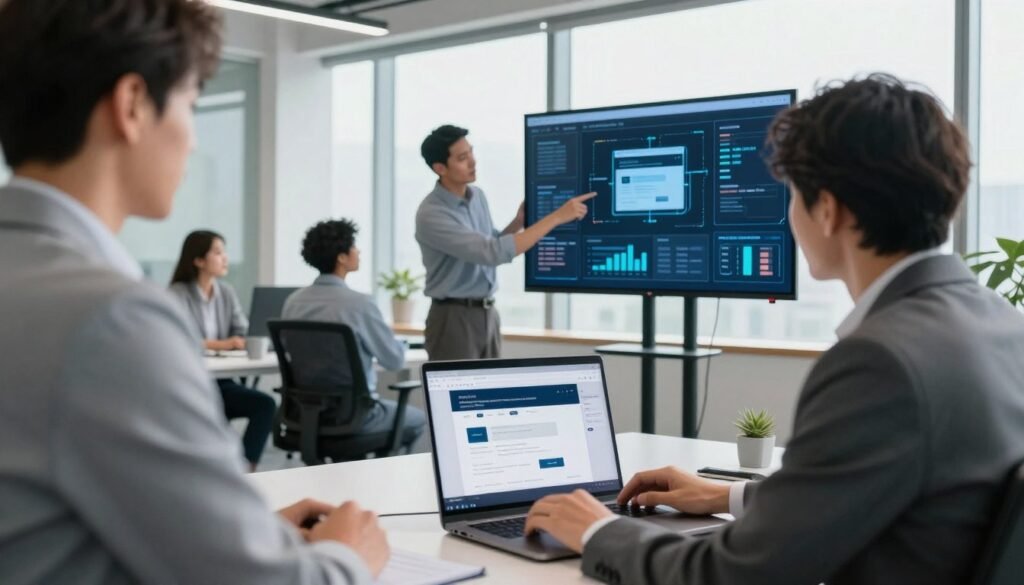 A modern office environment showcasing a team of diverse professionals engaged in website recovery services. In the foreground, a focused individual in business attire is working on a laptop, analyzing archived website snapshots on the screen. The middle layer features a collaborative workspace with colleagues discussing strategies, pointing at a large digital display showcasing the recovery process with technical graphics of website data being restored. The background reveals a sleek, contemporary office space with bright, natural lighting streaming through large windows, accentuating a sense of productivity and innovation. The atmosphere conveys a serious yet optimistic mood, with an emphasis on teamwork and technological prowess in digital recovery services.
