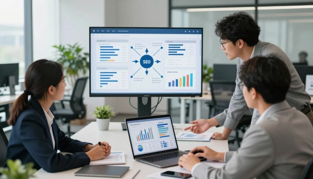 A modern office workspace filled with digital marketing specialists discussing strategies. In the foreground, a diverse group of three professionals in business attire are examining charts and graphs on a laptop, highlighting expired domain metrics. In the middle ground, a large digital screen displays interconnected website graphics with arrows indicating traffic flow and SEO performance metrics. The background features a sleek, minimalist office environment, bathed in natural light from large windows, with plants adding a refreshing touch. The atmosphere is focused and collaborative, conveying a sense of innovation and strategy in the world of SEO. The scene is captured from a slightly elevated angle, providing a comprehensive view of the interaction and environment.
