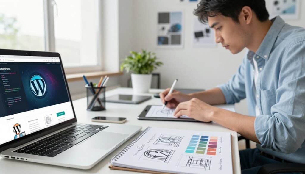 A modern workspace showcasing a custom WordPress theme development scene. In the foreground, a sleek laptop displaying vibrant WordPress-themed designs, partially open with code snippets visible on the screen. Beside it, a sketchpad filled with hand-drawn wireframes and color palettes. In the middle, a professional web developer in smart casual attire, deeply focused, using a stylus on a tablet to refine the design. The background features a bright office environment with large windows allowing natural light to fill the room, white walls decorated with tech-related artwork, and a potted plant adding a touch of greenery. The overall atmosphere is dynamic and creative, emphasizing innovation in web development. The image should have soft lighting and a slight depth of field effect to draw attention to the workspace. A modern workspace showcasing a custom WordPress theme development scene. In the foreground, a sleek laptop displaying vibrant WordPress-themed designs, partially open with code snippets visible on the screen. Beside it, a sketchpad filled with hand-drawn wireframes and color palettes. In the middle, a professional web developer in smart casual attire, deeply focused, using a stylus on a tablet to refine the design. The background features a bright office environment with large windows allowing natural light to fill the room, white walls decorated with tech-related artwork, and a potted plant adding a touch of greenery. The overall atmosphere is dynamic and creative, emphasizing innovation in web development. The image should have soft lighting and a slight depth of field effect to draw attention to the workspace.