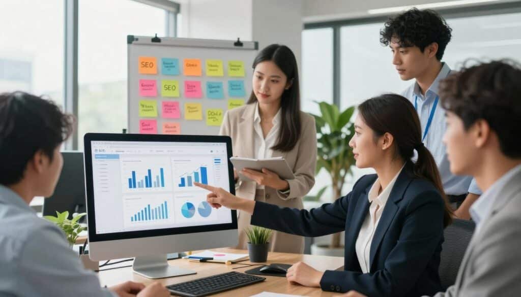 A professional and modern office environment showcasing a team of diverse professionals gathered around a computer screen. In the foreground, a confident woman in business attire points at SEO analytics on the screen, displaying graphs and metrics indicating website performance. In the middle, a large whiteboard is filled with colorful sticky notes outlining strategic SEO practices, like keyword research, mobile optimization, and quality content creation. The background features large windows letting in natural light, casting soft shadows, with plants for a fresh atmosphere. The overall mood is collaborative and forward-thinking, emphasizing innovation in website SEO. Use a slight depth of field to focus on the group while softly blurring the background elements, evoking a sense of productivity and teamwork. A professional and modern office environment showcasing a team of diverse professionals gathered around a computer screen. In the foreground, a confident woman in business attire points at SEO analytics on the screen, displaying graphs and metrics indicating website performance. In the middle, a large whiteboard is filled with colorful sticky notes outlining strategic SEO practices, like keyword research, mobile optimization, and quality content creation. The background features large windows letting in natural light, casting soft shadows, with plants for a fresh atmosphere. The overall mood is collaborative and forward-thinking, emphasizing innovation in website SEO. Use a slight depth of field to focus on the group while softly blurring the background elements, evoking a sense of productivity and teamwork.