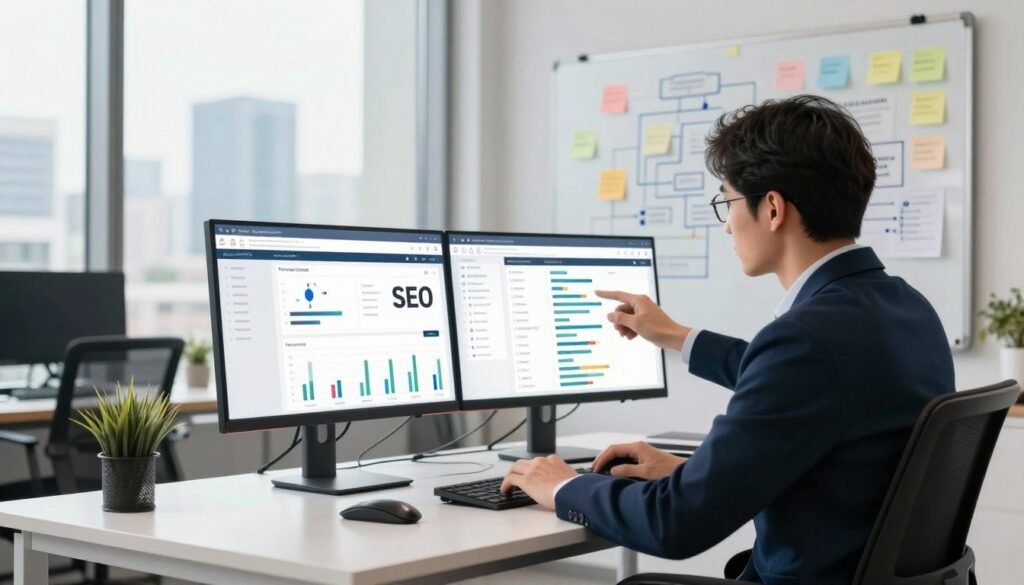 A professional digital marketer analyzing a website's technical SEO issues in a modern office setting. In the foreground, a focused individual in smart business attire is sitting at a sleek desk with dual monitors displaying intricate charts and SEO analytics. The middle ground features a whiteboard cluttered with sticky notes and flowcharts, illustrating strategies for resolving site issues. In the background, large windows reveal a city skyline, with soft, natural light filtering into the room, creating a productive atmosphere. The scene conveys a sense of determination and expertise, highlighting the importance of addressing technical SEO challenges effectively in a vibrant, technology-driven environment. A professional digital marketer analyzing a website's technical SEO issues in a modern office setting. In the foreground, a focused individual in smart business attire is sitting at a sleek desk with dual monitors displaying intricate charts and SEO analytics. The middle ground features a whiteboard cluttered with sticky notes and flowcharts, illustrating strategies for resolving site issues. In the background, large windows reveal a city skyline, with soft, natural light filtering into the room, creating a productive atmosphere. The scene conveys a sense of determination and expertise, highlighting the importance of addressing technical SEO challenges effectively in a vibrant, technology-driven environment.