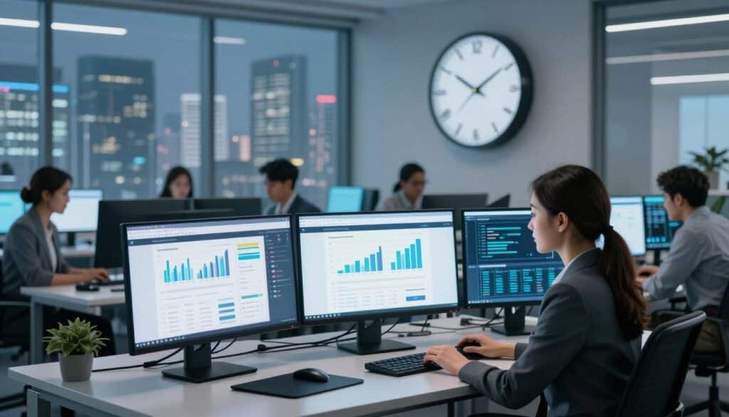 A professional office environment showcasing a vital website recovery scenario. In the foreground, a focused businesswoman in professional attire intently monitors multiple computer screens displaying graphs and website data on a sleek modern desk. The middle layer features a large digital clock prominently showing a countdown timer, symbolizing urgency, alongside a team of diverse professionals collaborating over recovery strategies on laptops. The background is filled with abstract digital elements and a semi-transparent city skyline through large windows, conveying a modern, tech-driven atmosphere. Soft, diffused lighting illuminates the workspace, casting a calm yet urgent mood, emphasizing the importance of timely recovery in the digital landscape. The composition is shot from a slightly elevated angle to capture both the teamwork and the urgency of the situation.