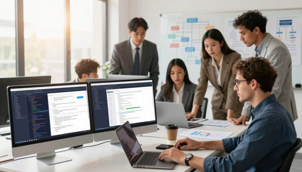 A professional workspace showcasing "proven process technologies" related to website restoration. In the foreground, a modern desktop with dual monitors displays lines of code and a visually organized project management tool. In the middle ground, a diverse team of professionals in smart business attire collaborate around a sleek table filled with laptops, charts, and coffee cups, exuding teamwork and productivity. In the background, a large window with natural light floods the room, illuminating a whiteboard covered with workflow diagrams and process maps. Soft shadows create a warm, inviting atmosphere, while a lens effect gives a slight depth of field, focusing attention on the team's dynamic interaction. The overall mood is innovative and inspiring, emphasizing efficiency and collaboration. A professional workspace showcasing "proven process technologies" related to website restoration. In the foreground, a modern desktop with dual monitors displays lines of code and a visually organized project management tool. In the middle ground, a diverse team of professionals in smart business attire collaborate around a sleek table filled with laptops, charts, and coffee cups, exuding teamwork and productivity. In the background, a large window with natural light floods the room, illuminating a whiteboard covered with workflow diagrams and process maps. Soft shadows create a warm, inviting atmosphere, while a lens effect gives a slight depth of field, focusing attention on the team's dynamic interaction. The overall mood is innovative and inspiring, emphasizing efficiency and collaboration.