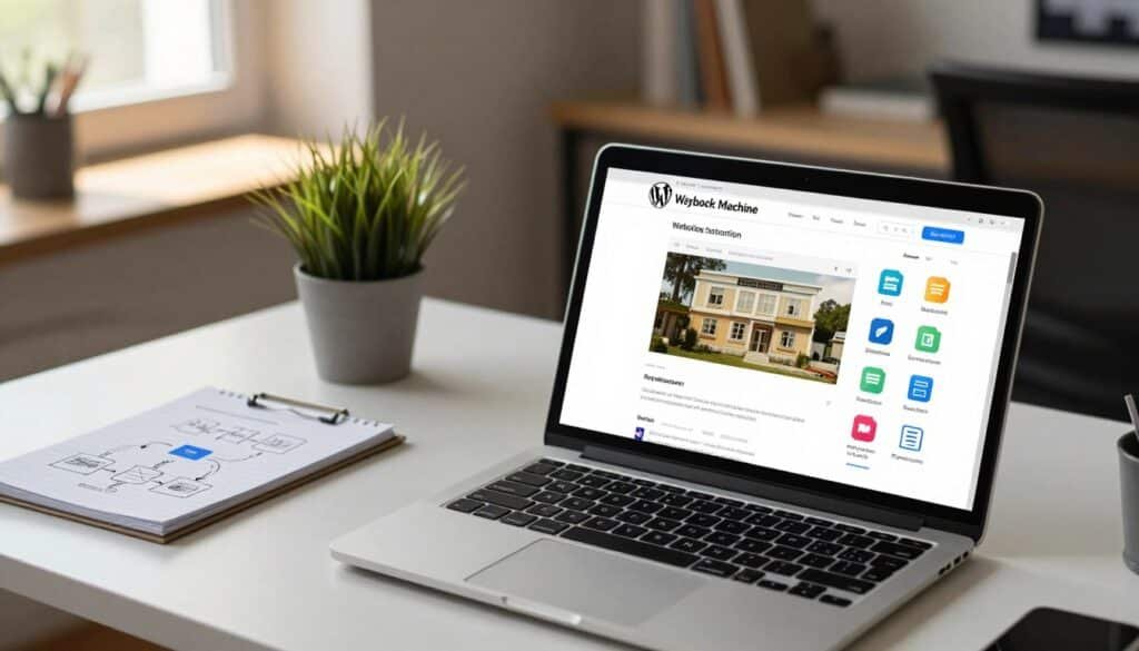A professional workspace showcasing various website restoration options for WordPress. In the foreground, a sleek laptop is open, displaying the Wayback Machine interface with a vintage website being restored, surrounded by colorful icons representing different restoration methods like backup files and plugins. The middle ground features a modern desk with a potted plant and a notepad with sketchy diagrams illustrating the restoration process. The background has a cozy office setting with soft natural lighting filtering through a window, casting warm shadows. The atmosphere is calm and focused, reflecting an organized and productive environment for digital restoration. Capture this scene with a slightly elevated angle for a comprehensive view, emphasizing the restoration theme. A professional workspace showcasing various website restoration options for WordPress. In the foreground, a sleek laptop is open, displaying the Wayback Machine interface with a vintage website being restored, surrounded by colorful icons representing different restoration methods like backup files and plugins. The middle ground features a modern desk with a potted plant and a notepad with sketchy diagrams illustrating the restoration process. The background has a cozy office setting with soft natural lighting filtering through a window, casting warm shadows. The atmosphere is calm and focused, reflecting an organized and productive environment for digital restoration. Capture this scene with a slightly elevated angle for a comprehensive view, emphasizing the restoration theme.