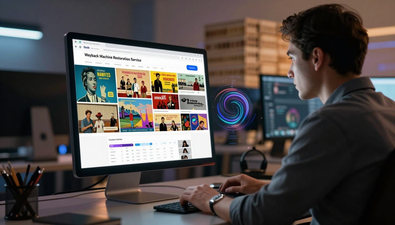 A sleek digital workspace illustrating the concept of "Wayback Machine Restoration Service." In the foreground, a professional wearing business attire is sitting at a modern desk, intently examining an illuminated computer screen displaying a vibrant collage of nostalgic websites, with vintage designs and vibrant color palettes. In the middle, an interactive interface showcases website restoration features like timelines and snapshots, visually represented with swirling digital elements. In the background, soft-focused images of digital archives stack up as a gradient blur, enhancing the feeling of depth and history. Ambient lighting casts a warm glow over the scene, creating a reflective and innovative atmosphere. The camera angle is slightly angled downwards, focusing on the computer screen while capturing the workspace's environment, restore wordpress from wayback machine