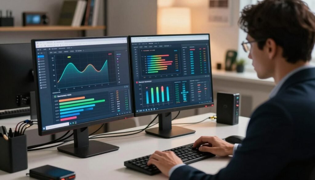 A sleek, modern computer desk setup in a softly lit office environment. In the foreground, a high-tech data recovery software interface is displayed on a large monitor, showcasing a vibrant dashboard with graphs and data recovery progress bars. A professional business person, dressed in smart attire, is intently analyzing the screen, reflecting concentration and urgency. In the middle ground, data cables and external hard drives are neatly organized, hinting at the tools needed for data retrieval. The background features shelves filled with tech books and gadgets, adding a sense of depth. The lighting is warm and inviting, creating a focused yet calm atmosphere, emphasizing the critical nature of data recovery in stressful situations.