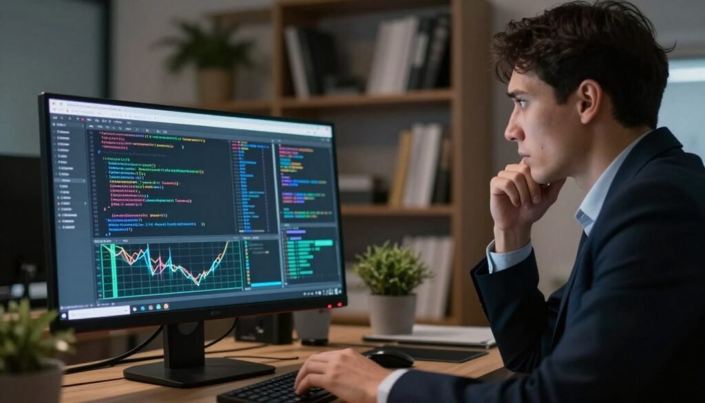A sleek, modern office environment in the foreground, featuring a computer screen displaying a chaotic array of corrupted data, such as unreadable code and broken graphs. In the middle ground, a professional business person, dressed in formal attire, looks concerned while analyzing the screen, their hand on their chin. In the background, shelves filled with tech-related books and a potted plant symbolize growth and knowledge. The lighting is soft and focused, creating a serious atmosphere as the warm light contrasts with the cold, distorted data on the screen. The lens captures a slight depth of field, blurring the background to enhance the central conflict of data loss. The overall mood conveys urgency and the importance of understanding data corruption causes.