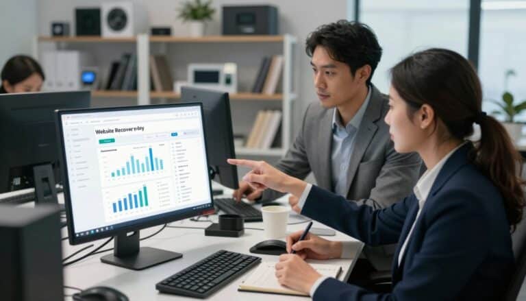 A sleek modern office workspace filled with high-tech automated website recovery tools. In the foreground, show a computer screen displaying a user-friendly interface of a recovery tool, with graphs and analytics illustrating website performance restoration. In the middle, include a diverse team of two professionals in business attire, one pointing at the screen, while the other takes notes. The background features shelves filled with tech gadgets and books on website management, with soft, diffused lighting to create a focused yet collaborative atmosphere. Use a slightly elevated angle to capture a comprehensive view of the workspace, showcasing a blend of technology and teamwork in a clean, organized environment. The overall mood conveys efficiency and innovation in a tech-driven recovery process. restore a website from wayback machine