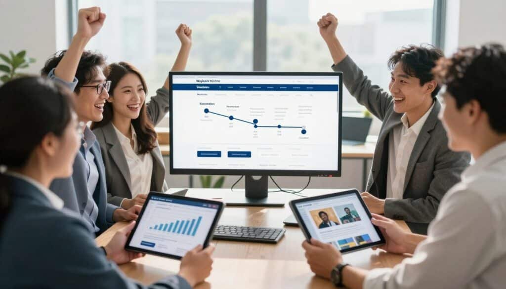 A vibrant office setting depicting professional individuals celebrating their success, surrounded by visual representations of digital data and analytics. In the foreground, a diverse group of men and women in business attire are engaged in lively discussion, holding tablets displaying impressive graphs and nostalgic website images. In the middle, an interactive screen shows a timeline of a website's restoration process, highlighting key milestones. The background features a modern workspace with bright sunlight streaming through large windows, creating an uplifting atmosphere. Soft focus on the workspace props, with a shallow depth of field to emphasize the success stories being shared. The overall mood is celebratory and optimistic, capturing the essence of customer success in utilizing the Wayback Machine. A vibrant office setting depicting professional individuals celebrating their success, surrounded by visual representations of digital data and analytics. In the foreground, a diverse group of men and women in business attire are engaged in lively discussion, holding tablets displaying impressive graphs and nostalgic website images. In the middle, an interactive screen shows a timeline of a website's restoration process, highlighting key milestones. The background features a modern workspace with bright sunlight streaming through large windows, creating an uplifting atmosphere. Soft focus on the workspace props, with a shallow depth of field to emphasize the success stories being shared. The overall mood is celebratory and optimistic, capturing the essence of customer success in utilizing the Wayback Machine.