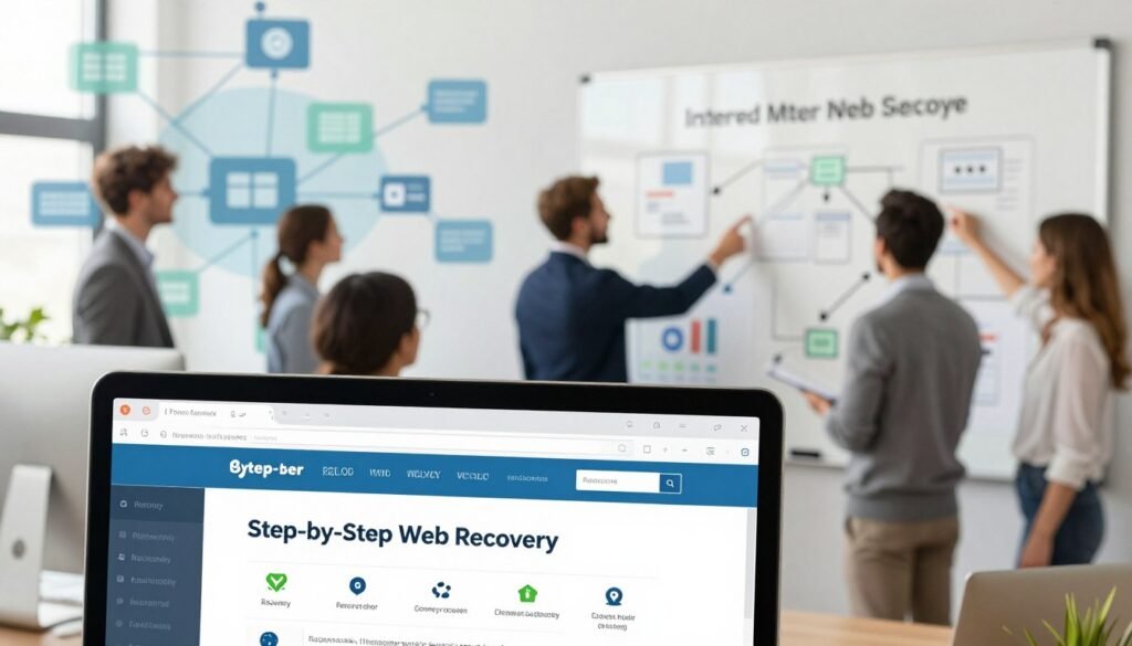A visually engaging illustration showcasing the concept of "Step-by-Step Web Recovery". In the foreground, a computer screen displays a web browser with a partially restored webpage. On the screen, the user navigates a series of tabs labeled with recovery techniques. In the middle, a diverse group of professionals, dressed in business attire, collaboratively discuss strategies while pointing to a large digital whiteboard filled with diagrams and arrows indicating the recovery process. In the background, an abstract stylized representation of interconnected web pages appears, symbolizing the Internet Archive. The lighting is bright and inviting, enhancing a sense of optimism and teamwork, with a slight soft-focus effect to draw attention to the central action. The overall mood is dynamic and professional, capturing the essence of collaboration in web recovery efforts. A visually engaging illustration showcasing the concept of "Step-by-Step Web Recovery". In the foreground, a computer screen displays a web browser with a partially restored webpage. On the screen, the user navigates a series of tabs labeled with recovery techniques. In the middle, a diverse group of professionals, dressed in business attire, collaboratively discuss strategies while pointing to a large digital whiteboard filled with diagrams and arrows indicating the recovery process. In the background, an abstract stylized representation of interconnected web pages appears, symbolizing the Internet Archive. The lighting is bright and inviting, enhancing a sense of optimism and teamwork, with a slight soft-focus effect to draw attention to the central action. The overall mood is dynamic and professional, capturing the essence of collaboration in web recovery efforts.