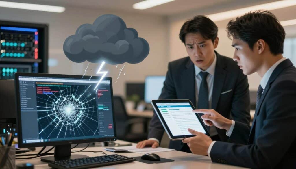 A visually striking illustration showcasing the common causes of website data loss. In the foreground, depict a broken computer screen with error messages visible, symbolizing hardware failure. In the middle layer, illustrate a cloud with dark storm clouds and lightning, representing unexpected weather events affecting data centers. Include a pair of professional business attire-clad individuals, one pointing at a digital tablet showing data recovery tools, the other appearing concerned. In the background, show a bustling office environment with servers visible, bathed in warm, ambient lighting. The mood should reflect urgency and concern yet with an underlying sense of hope, emphasizing the importance of data protection and recovery strategies. Use a soft focus on the background to keep the attention on the primary elements.