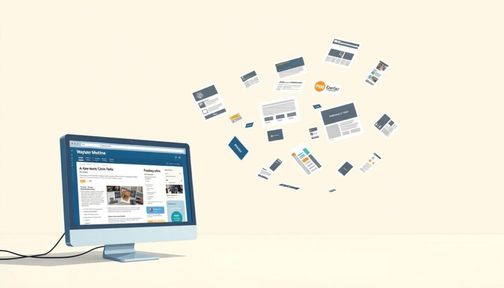 A high-resolution digital illustration depicting the recovery of specific website elements using the Wayback Machine. The foreground shows a computer screen displaying the Wayback Machine interface, with a user navigating through archived versions of a website. The middle ground features a collection of website components such as text, images, and navigation menus floating in the air, ready to be retrieved. The background showcases a serene, minimalist environment with soft lighting, creating a sense of focus and clarity. The overall mood is one of precision, problem-solving, and a celebration of digital preservation.