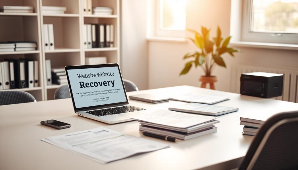 A modern, minimalist office setting with a large desk and an open laptop displaying website recovery tips. Soft, natural lighting filters through a nearby window, creating a warm, productive atmosphere. On the desk, various digital devices and documents related to website recovery and archiving are neatly arranged. In the background, a bookshelf with relevant technical manuals and resources. The overall composition conveys a sense of professionalism, organization, and expertise in website recovery practices.