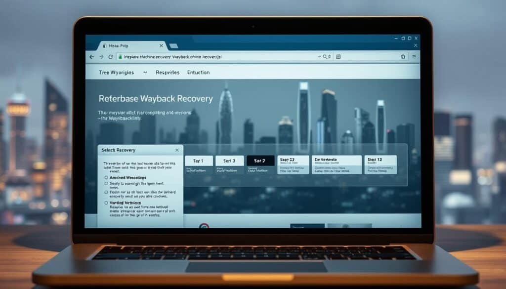 A modern, sleek web interface displaying the Wayback Machine's recovery process. In the foreground, a laptop screen shows a step-by-step guide with detailed instructions and interactive UI elements. In the middle ground, a transparent overlay depicts a timeline of archived website versions, allowing the user to select the desired restoration point. The background features a subtle, futuristic cityscape with glowing skyscrapers, conveying a sense of technological progress and digital preservation. Soft lighting illuminates the scene, creating a calming, professional atmosphere. The overall composition emphasizes the user-friendly and efficient nature of the recovery process.