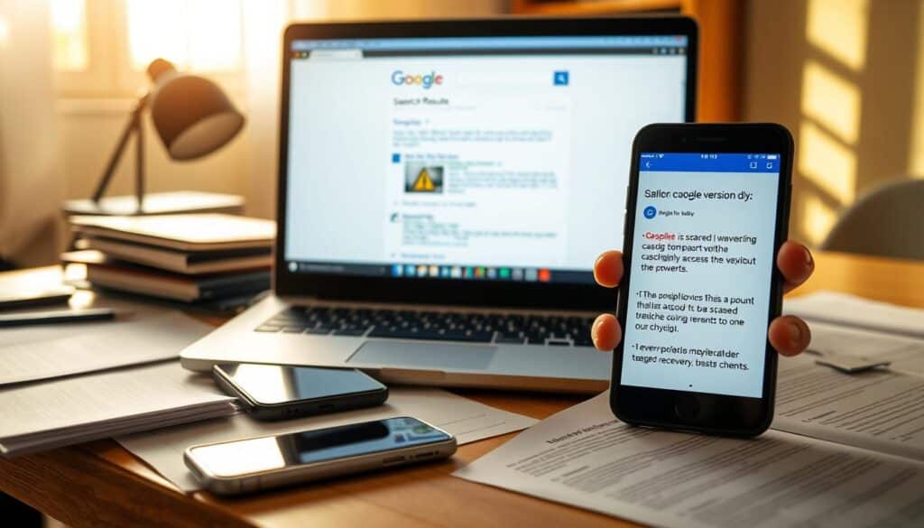 A well-lit home office desk with a laptop computer, smartphone, and documents strewn across the surface. Warm, natural sunlight filters through a nearby window, casting a soft glow on the scene. In the foreground, the laptop screen displays a Google search results page, highlighting a cached version of a website. The smartphone screen shows a step-by-step guide on how to access and navigate the cached website. The overall atmosphere conveys a sense of focused problem-solving and digital recovery, with the viewer's attention drawn to the laptop and smartphone screens. A well-lit home office desk with a laptop computer, smartphone, and documents strewn across the surface. Warm, natural sunlight filters through a nearby window, casting a soft glow on the scene. In the foreground, the laptop screen displays a Google search results page, highlighting a cached version of a website. The smartphone screen shows a step-by-step guide on how to access and navigate the cached website. The overall atmosphere conveys a sense of focused problem-solving and digital recovery, with the viewer's attention drawn to the laptop and smartphone screens.