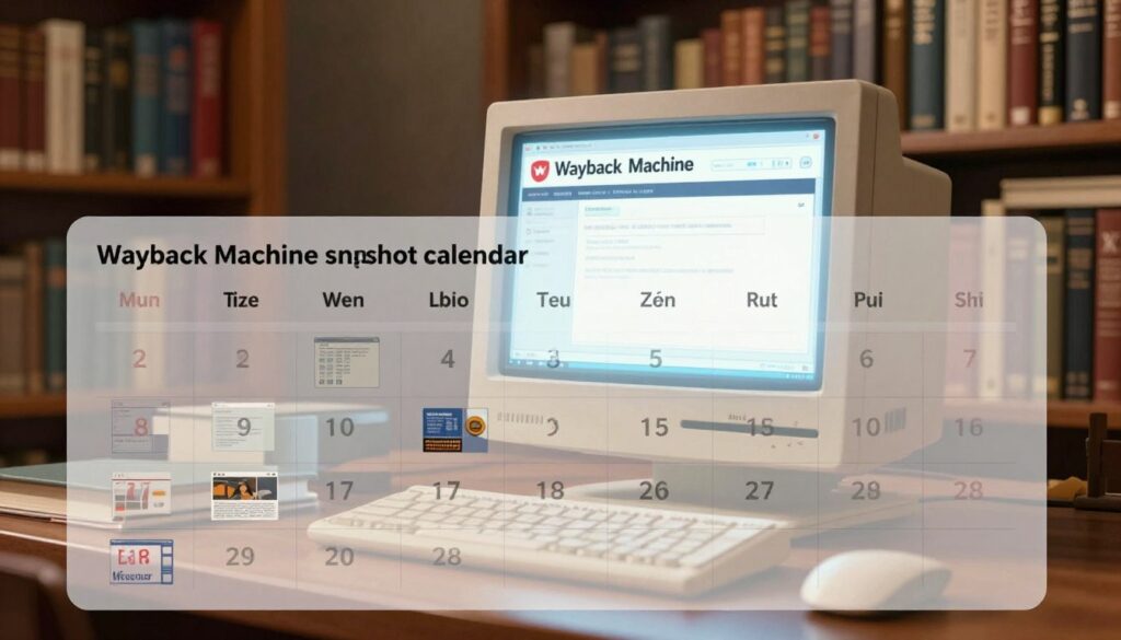 A detailed illustration of a "Wayback Machine snapshot calendar", showcasing a blend of retro digital aesthetics and modern design. In the foreground, a translucent calendar displaying a grid of dates, each marked with unique website snapshots, featuring subtle icons of different web pages. The middle layer highlights a vintage computer screen displaying the Wayback Machine interface, with a soft glow that mimics screen light. In the background, a library of books and digital archives, evoking a sense of vast knowledge and history. The scene is warmly lit, with a cozy atmosphere, reminiscent of a scholarly workspace, encouraging exploration of the past. The perspective captures depth, inviting viewers into this archival journey. A detailed illustration of a "Wayback Machine snapshot calendar", showcasing a blend of retro digital aesthetics and modern design. In the foreground, a translucent calendar displaying a grid of dates, each marked with unique website snapshots, featuring subtle icons of different web pages. The middle layer highlights a vintage computer screen displaying the Wayback Machine interface, with a soft glow that mimics screen light. In the background, a library of books and digital archives, evoking a sense of vast knowledge and history. The scene is warmly lit, with a cozy atmosphere, reminiscent of a scholarly workspace, encouraging exploration of the past. The perspective captures depth, inviting viewers into this archival journey.
