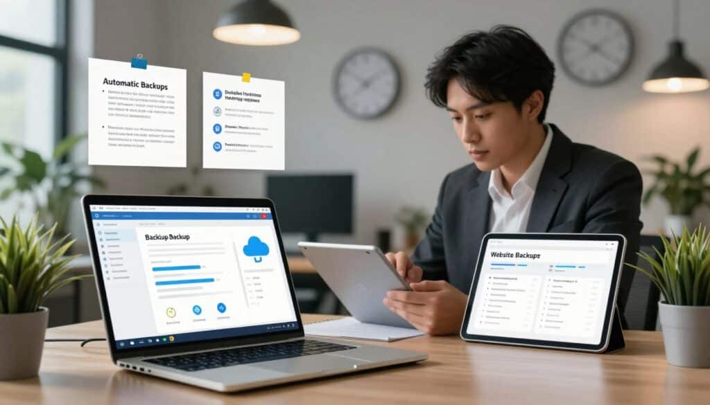 A digital workspace illustrating preventative website backup measures. In the foreground, a sleek laptop displays an open backup software interface, showing file progress bars and cloud storage indicators. In the middle, a professional individual in business attire is reviewing data on a tablet, exuding focus and diligence. Surrounding them, there are notes and infographics about automatic backups, reliable hosting options, and domain renewal strategies. The background features a modern office environment with soft, ambient lighting that creates a calm and productive atmosphere. A wall clock subtly indicates the importance of timely backups, while a few potted plants add a touch of freshness to the scene. The mood is one of professionalism, preparedness, and technical savvy.