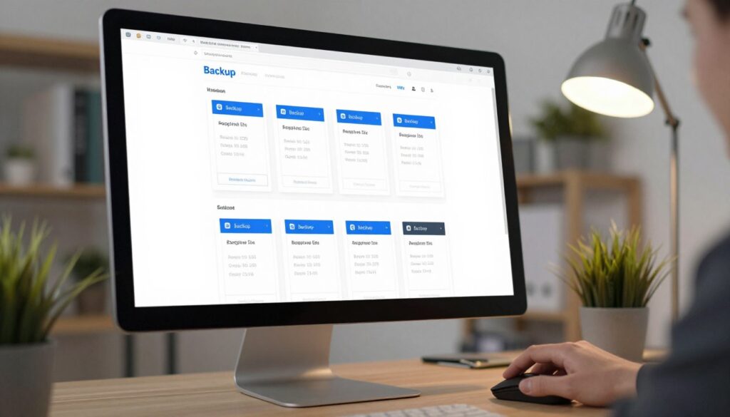 A digital workspace showcasing a computer screen displaying a website backup snapshot selection interface. In the foreground, a hand gently interacts with a mouse, highlighting various backup options. The middle layer features a large, crisp monitor with a visually appealing user interface filled with organized backup snapshots, featuring timestamps and file sizes. The background includes a modern office setting with shelves containing reference books, a potted plant, and soft ambient lighting creating a calm atmosphere. Use a soft focus on the surroundings, with the screen bright and clear, illuminated by desk lamp light to enhance the technical feel of a website restoration process. The mood is professional and focused, emphasizing the task of restoring a website from archive backups without distractions.