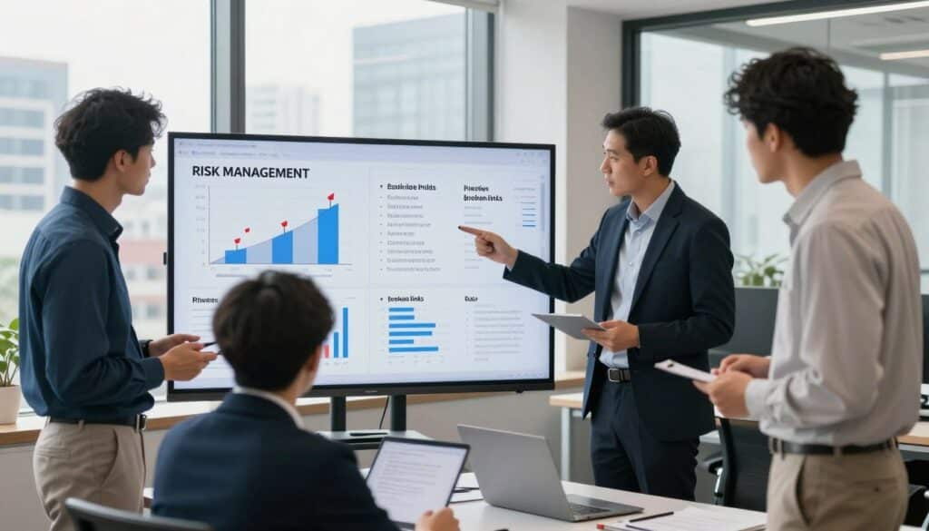A dynamic office setting illustrating risk management in SEO, focusing on avoiding pitfalls. In the foreground, a diverse team of professionals—three individuals in smart business attire—discussing analytics on a large screen filled with graphs and red flags, symbolizing risks. In the middle, a large whiteboard covered with keywords and potential pitfalls like “penalties” and “broken links.” The background features a modern office with a cityscape view through large windows, bathed in soft, natural daylight to evoke a sense of clarity and focus. The atmosphere is collaborative yet serious, highlighting the importance of strategic decisions in rebuilding expired domains for SEO success. The composition uses a slightly elevated angle to capture the teamwork and resources effectively. A dynamic office setting illustrating risk management in SEO, focusing on avoiding pitfalls. In the foreground, a diverse team of professionals—three individuals in smart business attire—discussing analytics on a large screen filled with graphs and red flags, symbolizing risks. In the middle, a large whiteboard covered with keywords and potential pitfalls like “penalties” and “broken links.” The background features a modern office with a cityscape view through large windows, bathed in soft, natural daylight to evoke a sense of clarity and focus. The atmosphere is collaborative yet serious, highlighting the importance of strategic decisions in rebuilding expired domains for SEO success. The composition uses a slightly elevated angle to capture the teamwork and resources effectively.
