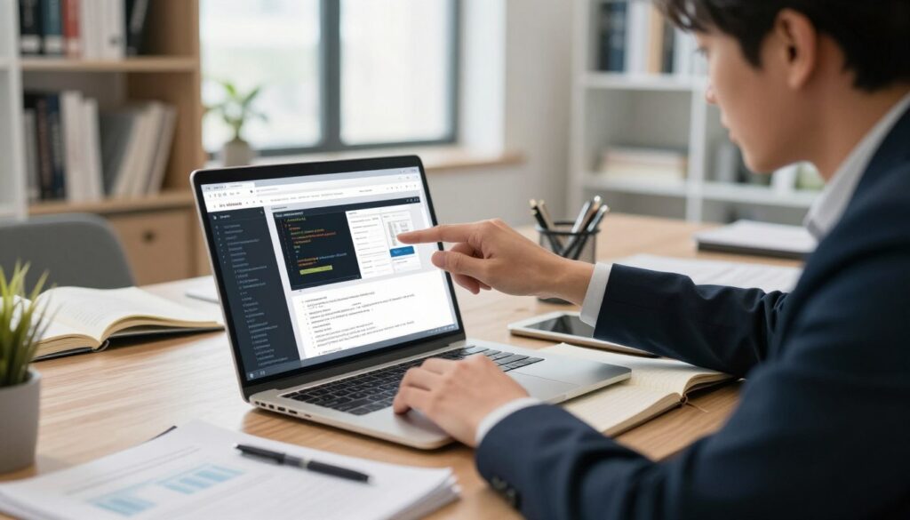 A focused scene depicting a manual website content recovery process. In the foreground, a professional individual, dressed in business attire, is intently copying text and code from a computer screen displaying an archived website snapshot. Their expression shows concentration and determination. In the middle, a laptop is open with visible code lines and screenshots of web pages on display, surrounded by open notebooks and reference materials. The background shows a well-lit office environment with bookshelves filled with tech and web design books, and a large window letting in natural light, creating a bright atmosphere. The overall mood conveys professionalism, diligence, and the pursuit of knowledge in a modern workspace, captured from a slightly elevated angle to emphasize the action.