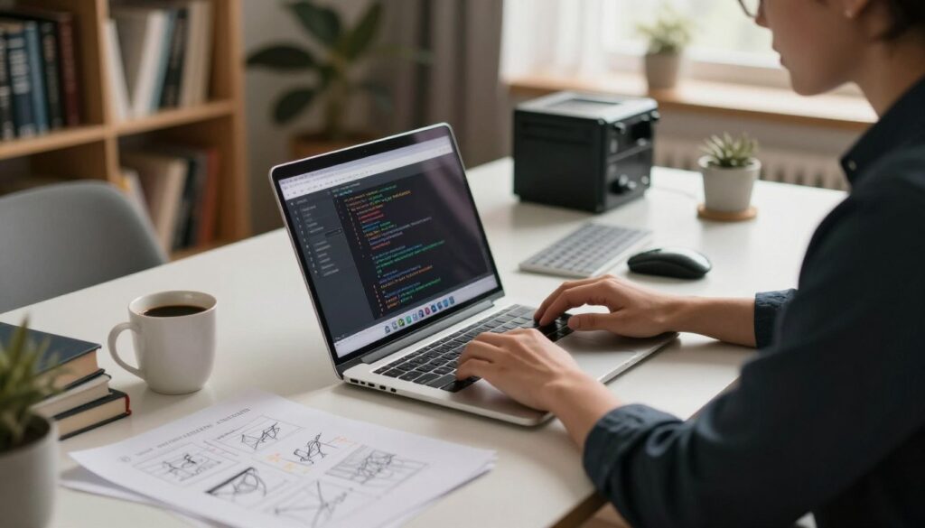 A focused workspace scene depicting a professional engaged in manual website rebuilding on a laptop. In the foreground, the person, dressed in smart casual attire, is intently reviewing website code on the screen. Nearby, scattered papers with sketches and notes are visible, indicating a step-by-step process. In the middle ground, a modern desk with a cup of coffee and technical devices like a keyboard and mouse, adding to the technology theme. The background features a cozy home office environment with bookshelves filled with coding and design books, emphasizing a productive atmosphere. Soft, warm natural lighting filters through a window, creating a calm and focused mood, while a slight focal blur enhances the depth.