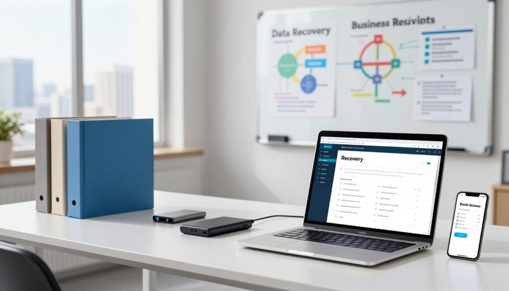 A modern office environment showcasing a set of business continuity tools. In the foreground, a sleek desk with a laptop displaying a web recovery software interface, alongside essential items like an external hard drive and a digital archive folder. The middle area features a whiteboard filled with colorful charts and strategies for data recovery, while a smartphone displays notifications about backup statuses. The background reveals a bright window with a city skyline, symbolizing a forward-thinking, resilient business atmosphere. Soft natural lighting illuminates the scene, creating an optimistic, professional mood. Capture this image from a slightly elevated angle, emphasizing the tools and workspace without any people present, ensuring a clear focus on the technology and tools that facilitate business continuity and recovery. A modern office environment showcasing a set of business continuity tools. In the foreground, a sleek desk with a laptop displaying a web recovery software interface, alongside essential items like an external hard drive and a digital archive folder. The middle area features a whiteboard filled with colorful charts and strategies for data recovery, while a smartphone displays notifications about backup statuses. The background reveals a bright window with a city skyline, symbolizing a forward-thinking, resilient business atmosphere. Soft natural lighting illuminates the scene, creating an optimistic, professional mood. Capture this image from a slightly elevated angle, emphasizing the tools and workspace without any people present, ensuring a clear focus on the technology and tools that facilitate business continuity and recovery.
