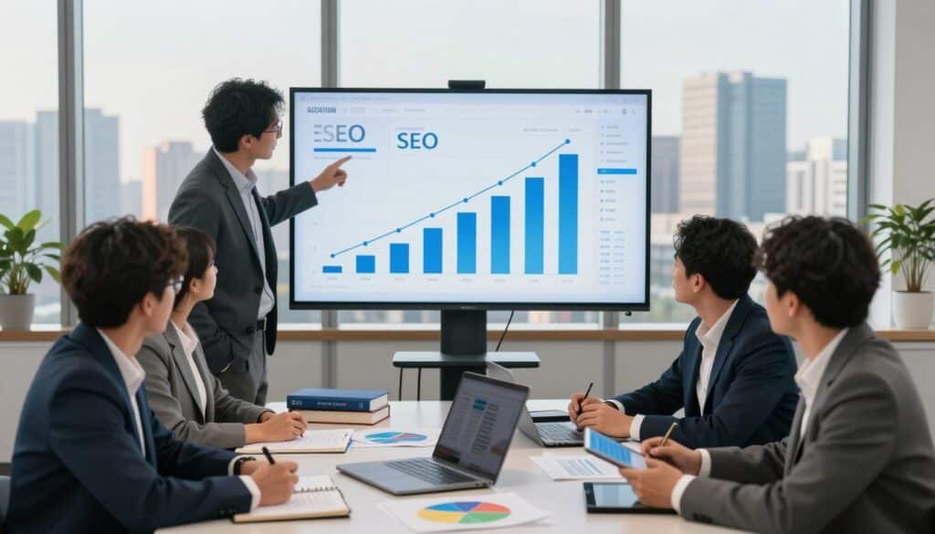 A modern office environment with a large screen displaying graphs and analytics related to SEO performance. In the foreground, a diverse group of professionals in business attire analyze data together, engaged in discussion. One person points at a significant growth chart, while another takes notes on a tablet. The middle layer features a sleek desk with a laptop, SEO books, and colorful charts scattered around, indicating activity and collaboration. The background consists of large windows showing a city skyline infused with warm, natural light, creating a productive atmosphere. The overall mood is focused and optimistic, suggesting continuous improvement and long-term success in SEO monitoring.