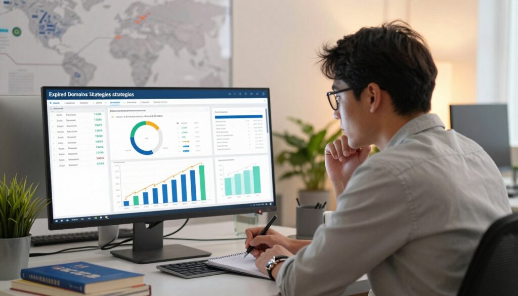 A professional digital workspace showcasing a computer screen displaying detailed analytics of expired domain histories and backlink profiles. In the foreground, a focused business professional in smart casual attire examines the data, with thoughtful expression, while jotting down notes. The middle area features a vibrant, interactive infographic illustrating link-building strategies, metrics, and traffic graphs, with a subtle schematic map of domains in the background. The setting is well-lit with a blend of natural and warm artificial lighting, accentuating a collaborative atmosphere. A modern office desk with a few domain-related books and a plant adds a touch of personalization. The angle captures the essence of analysis and productivity, evoking an atmosphere of strategic planning and digital innovation.