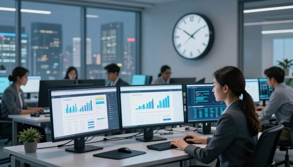 A professional office environment showcasing a vital website recovery scenario. In the foreground, a focused businesswoman in professional attire intently monitors multiple computer screens displaying graphs and website data on a sleek modern desk. The middle layer features a large digital clock prominently showing a countdown timer, symbolizing urgency, alongside a team of diverse professionals collaborating over recovery strategies on laptops. The background is filled with abstract digital elements and a semi-transparent city skyline through large windows, conveying a modern, tech-driven atmosphere. Soft, diffused lighting illuminates the workspace, casting a calm yet urgent mood, emphasizing the importance of timely recovery in the digital landscape. The composition is shot from a slightly elevated angle to capture both the teamwork and the urgency of the situation.