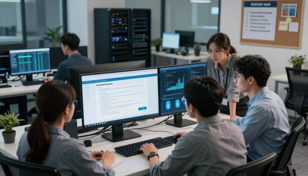 A professional office environment showcasing security measures in website data recovery. In the foreground, a diverse team of four IT specialists in smart casual attire, focused on a large monitor displaying data recovery protocols and security analytics. In the middle ground, a digital interface with graphs and charts outlining data encryption, backup strategies, and firewall protections. The background features a modern workspace with sleek computers, servers, and a bulletin board with cybersecurity best practices. Soft, ambient lighting illuminates the scene, creating a focused yet collaborative atmosphere, shot from a high angle to capture the teamwork and technology involved in safeguarding website data.