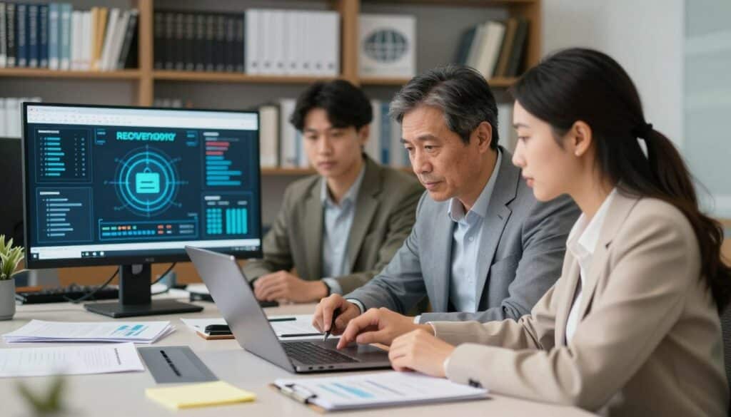 A professional office setting showcasing a diverse team of four individuals collaborating on recovery solutions for a website hosting crisis. In the foreground, two professionals, a middle-aged man in business attire and a young woman in smart casual clothing, are analyzing data on a laptop, looking focused and engaged. In the middle, a large monitor displays technical graphics related to web hosting recovery, while documents and notes are scattered on a sleek conference table. The background features blurred bookshelves filled with technology manuals, creating an atmosphere of expertise and productivity. Soft, natural lighting highlights the teamwork and innovation, while a slight depth of field emphasizes collaboration. The overall mood conveys professionalism, urgency, and a commitment to finding effective hosting solutions.