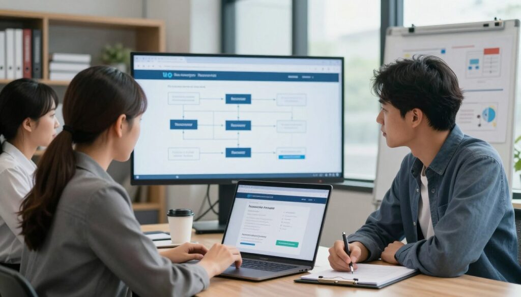 A professional office setting showcasing a team of diverse individuals engaged in testing a website recovery plan. In the foreground, a focused woman in business attire examines a laptop displaying recovery metrics, while a man beside her takes notes on a clipboard. The middle ground features a large digital screen, illustrating website recovery flowcharts and protocols. In the background, shelves of technical books and a whiteboard with diagrams create a collaborative atmosphere. Soft, natural lighting from large windows enhances the focus on the team, while a slightly blurred bookshelf adds depth. The overall mood is serious yet hopeful, reflecting the importance of diligence in testing recovery plans for website hosting failures.