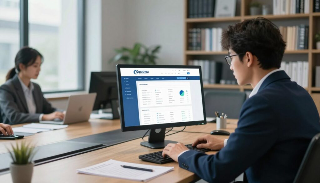 A professional website recovery agency at work, depicted in a modern office environment. In the foreground, a focused business professional wearing smart attire is intently analyzing a computer screen displaying website analytics and recovery tools. The middle ground shows a conference table with documents, laptops, and digital devices, symbolizing teamwork and strategy. In the background, large windows let in natural light, illuminating a bookshelf filled with technical manuals and digital marketing resources. The atmosphere is one of determination and expertise, with a soft blue color palette suggesting calm and trust. The scene should be captured with a slight depth of field to emphasize the professional in action, under warm, ambient lighting to create a welcoming yet industrious mood. A professional website recovery agency at work, depicted in a modern office environment. In the foreground, a focused business professional wearing smart attire is intently analyzing a computer screen displaying website analytics and recovery tools. The middle ground shows a conference table with documents, laptops, and digital devices, symbolizing teamwork and strategy. In the background, large windows let in natural light, illuminating a bookshelf filled with technical manuals and digital marketing resources. The atmosphere is one of determination and expertise, with a soft blue color palette suggesting calm and trust. The scene should be captured with a slight depth of field to emphasize the professional in action, under warm, ambient lighting to create a welcoming yet industrious mood.